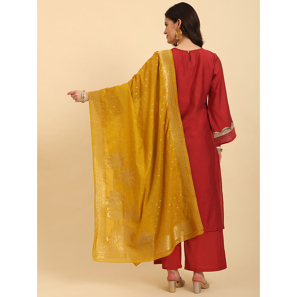 Yufta Rust Embellished Kurta and Palazzo with Dupatta (Set of 3)