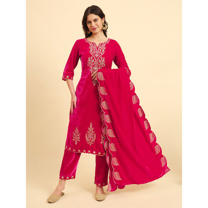 Yufta Pink Embroidered Kurta and Trouser with Dupatta (Set of 3)