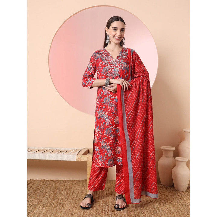 Yufta Red Floral Printed Embroidered Kurta with Pant and Dupatta (Set of 3)