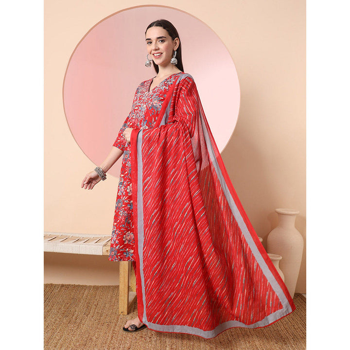 Yufta Red Floral Printed Embroidered Kurta with Pant and Dupatta (Set of 3)