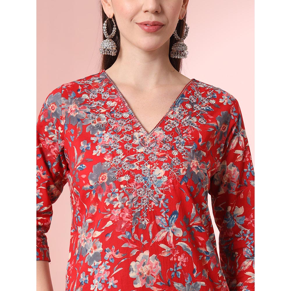 Yufta Red Floral Printed Embroidered Kurta with Pant and Dupatta (Set of 3)