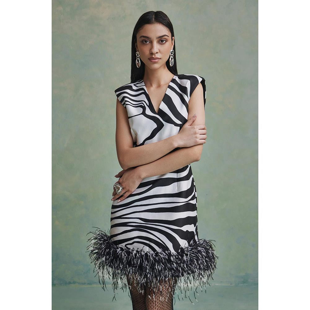 ZABELLA Black Rococo Stripes Mini Dress with Cape