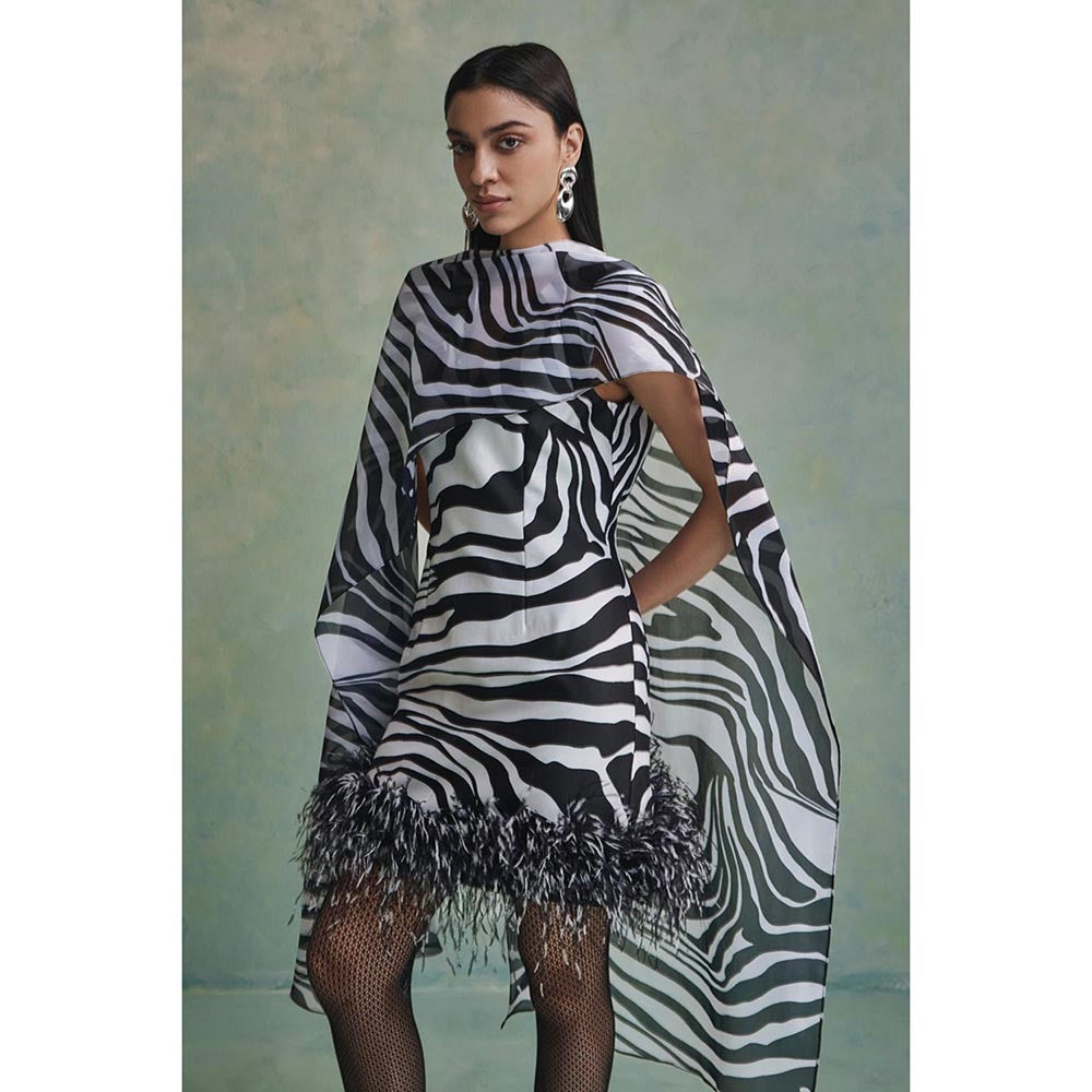 ZABELLA Black Rococo Stripes Mini Dress with Cape