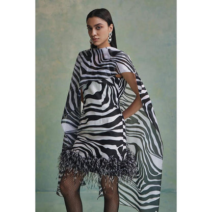 ZABELLA Black Rococo Stripes Mini Dress with Cape
