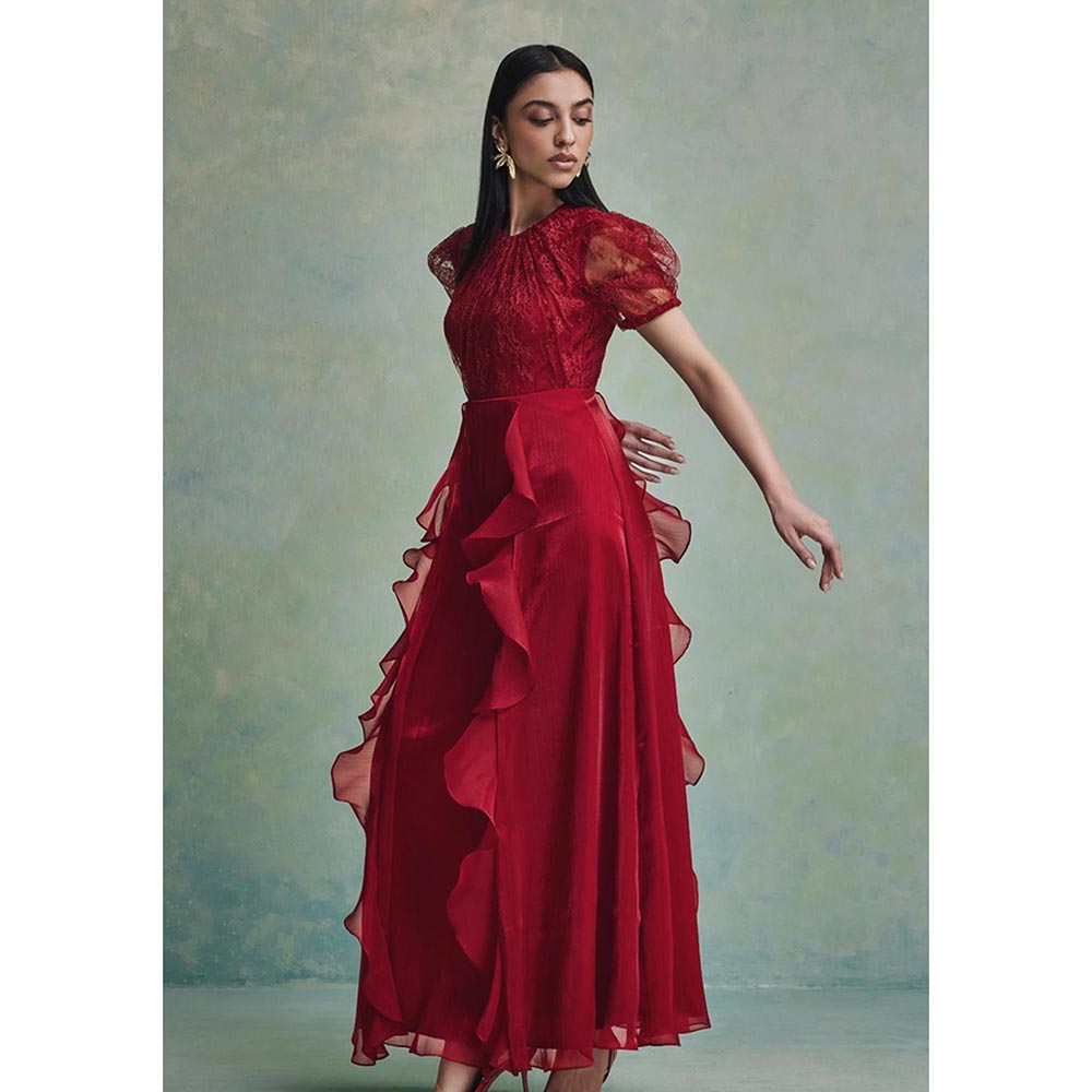 ZABELLA Red Mira Ruffle Lace Maxi Dress
