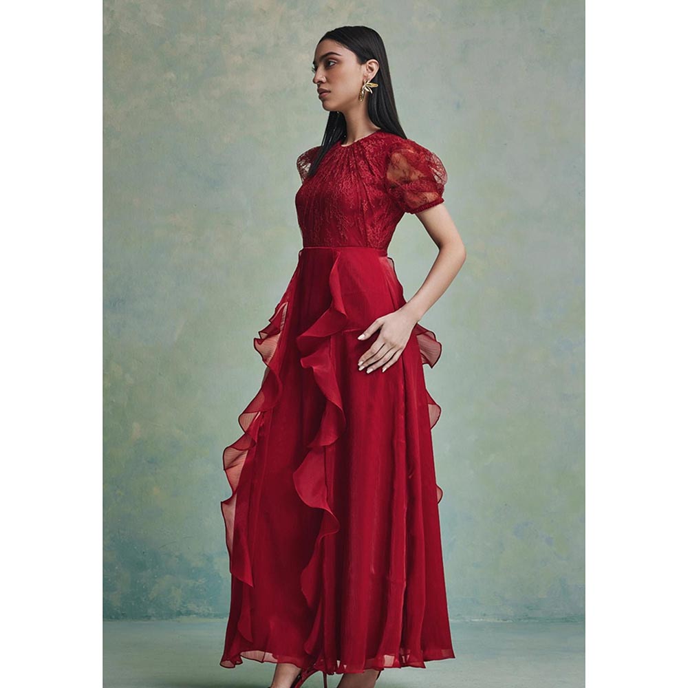 ZABELLA Red Mira Ruffle Lace Maxi Dress