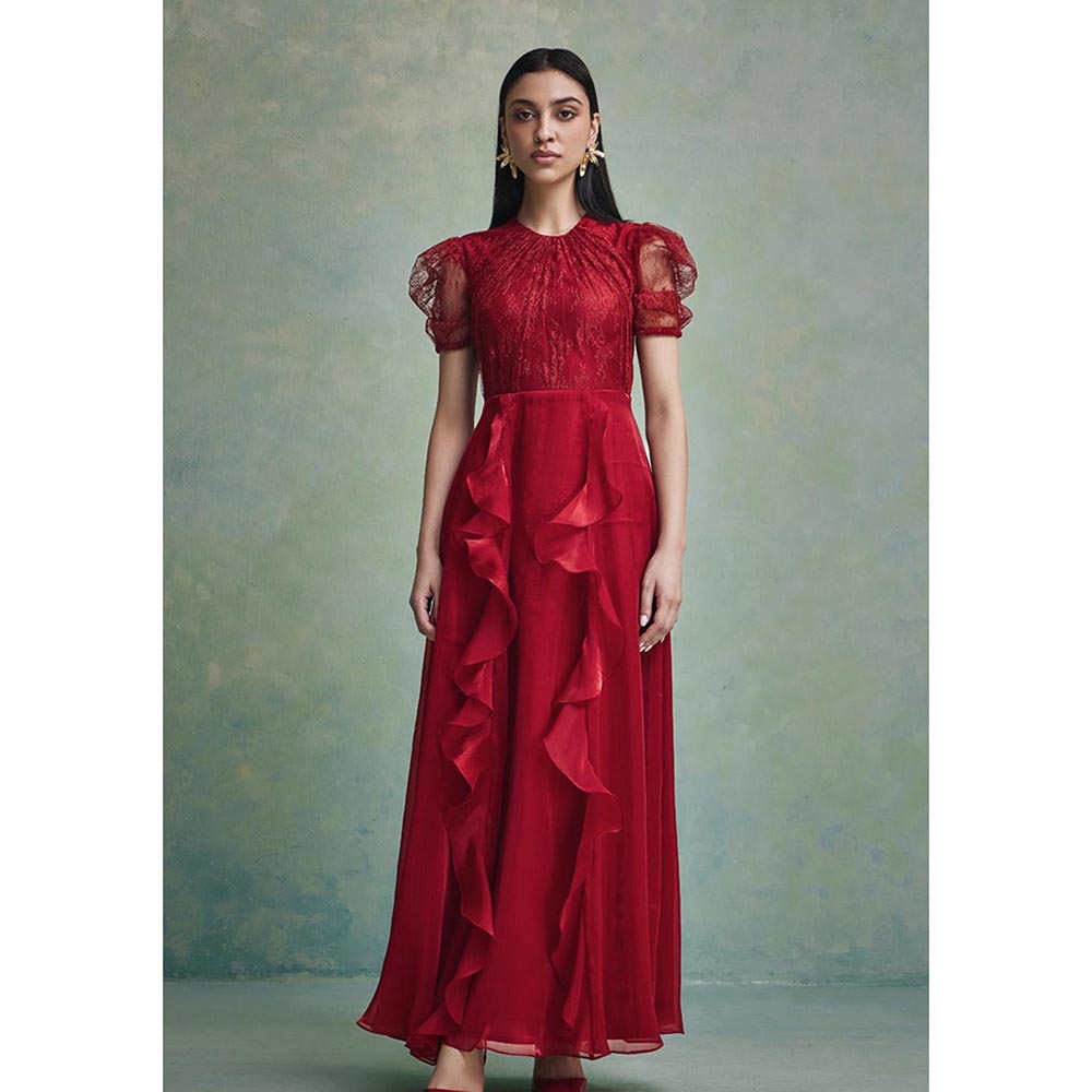 ZABELLA Red Mira Ruffle Lace Maxi Dress