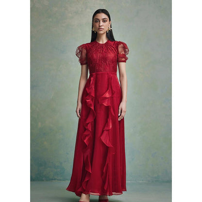 ZABELLA Red Mira Ruffle Lace Maxi Dress