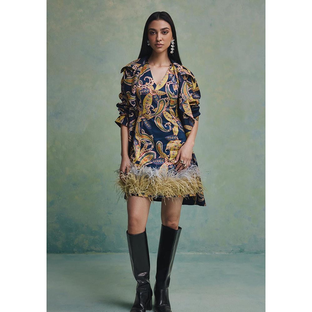 ZABELLA Blue Baroque Feather Dress with Jacket