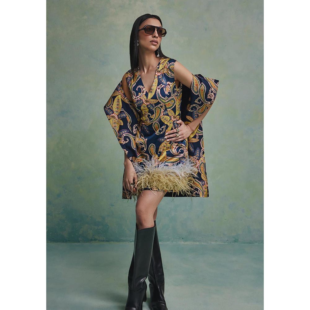 ZABELLA Blue Baroque Feather Dress with Jacket