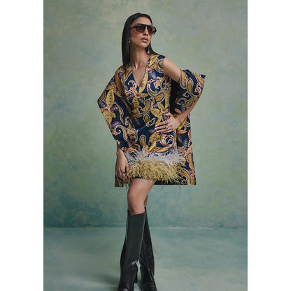 ZABELLA Blue Baroque Feather Dress with Jacket