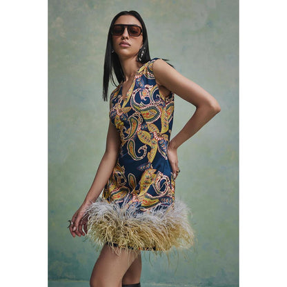 ZABELLA Blue Baroque Feather Dress with Jacket