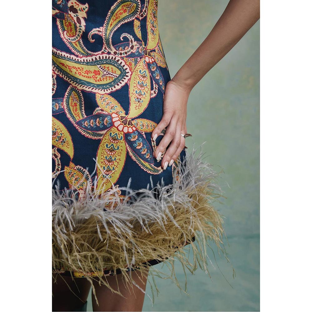 ZABELLA Blue Baroque Feather Dress with Jacket