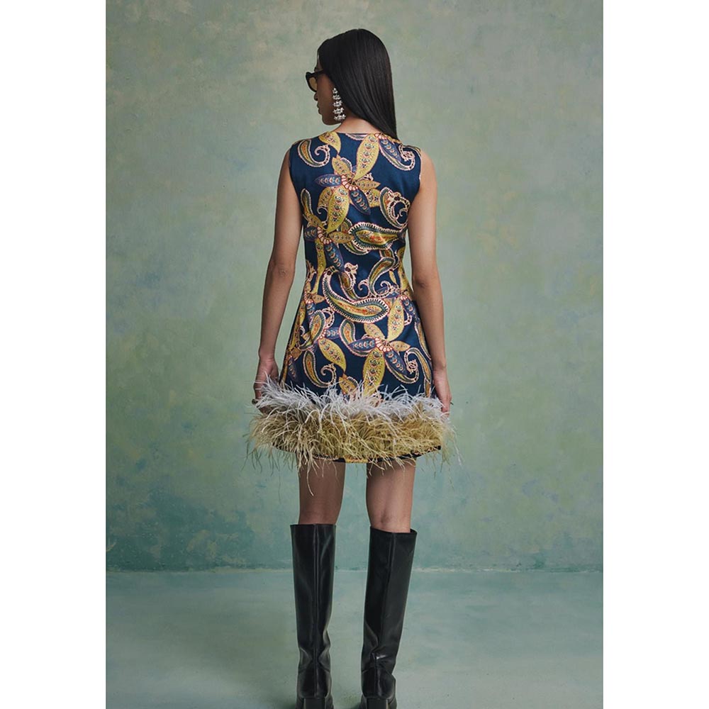ZABELLA Blue Baroque Feather Dress with Jacket