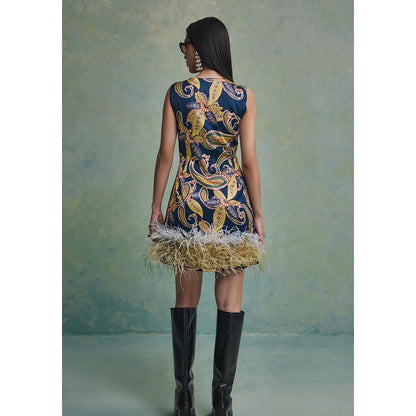 ZABELLA Blue Baroque Feather Dress with Jacket