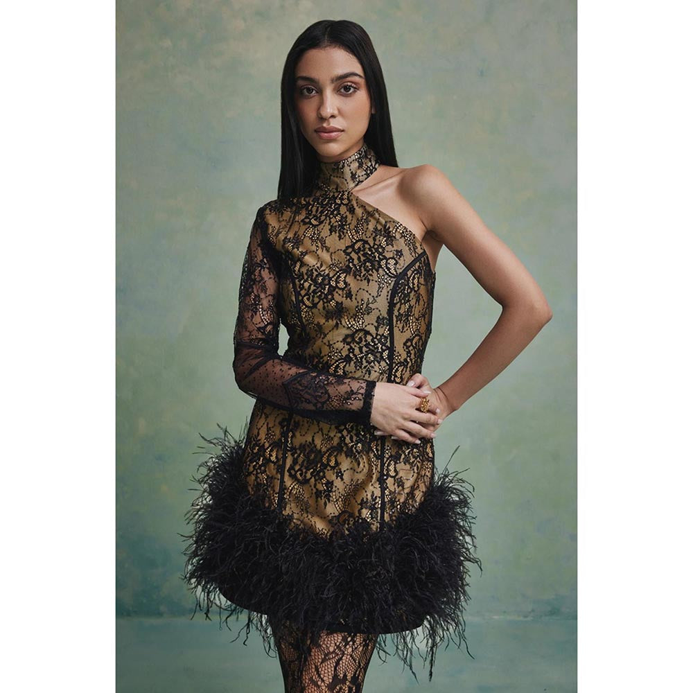 ZABELLA Bella One Shoulder Feather Mini Dress