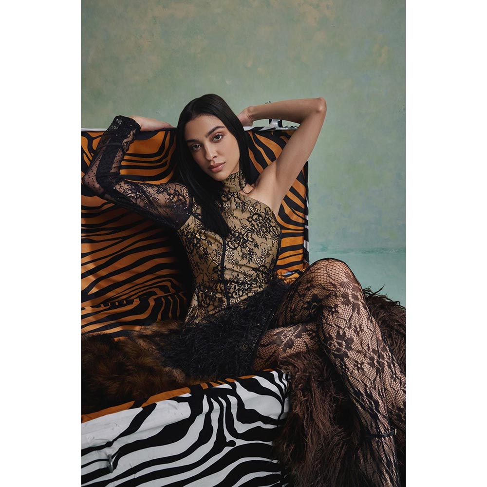 ZABELLA Bella One Shoulder Feather Mini Dress