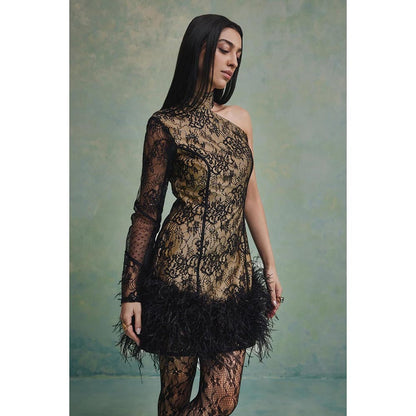 ZABELLA Bella One Shoulder Feather Mini Dress