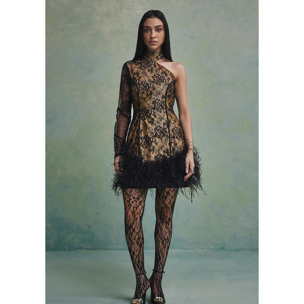 ZABELLA Bella One Shoulder Feather Mini Dress