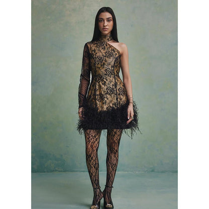 ZABELLA Bella One Shoulder Feather Mini Dress