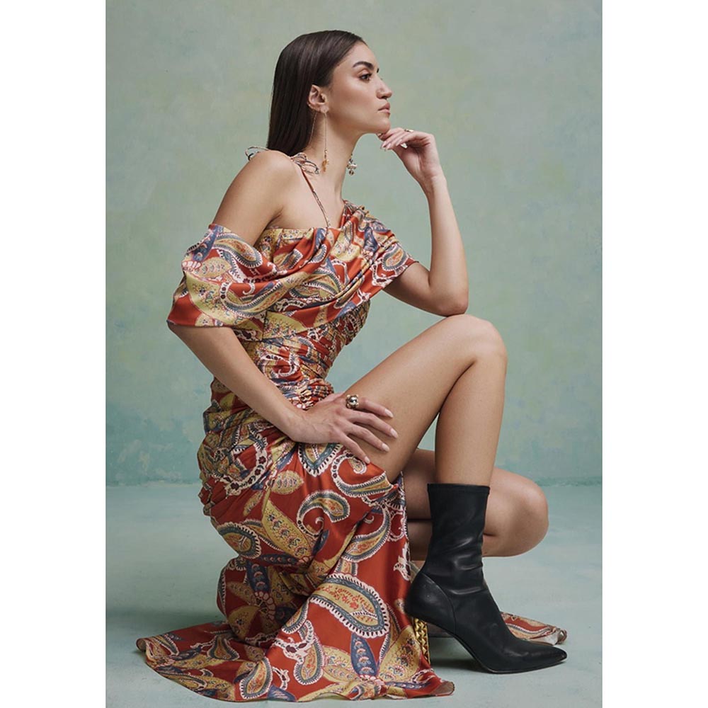 ZABELLA Orange Baroque Ruched Dress