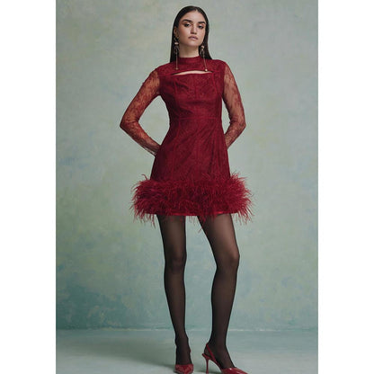 ZABELLA Red Luna Feather Lace Mini Dress