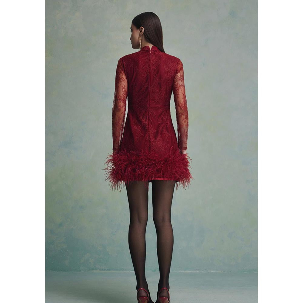 ZABELLA Red Luna Feather Lace Mini Dress