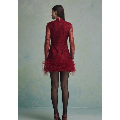 ZABELLA Red Luna Feather Lace Mini Dress