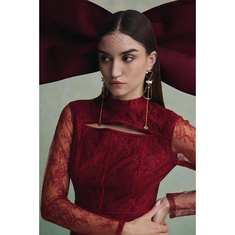 ZABELLA Red Luna Feather Lace Mini Dress