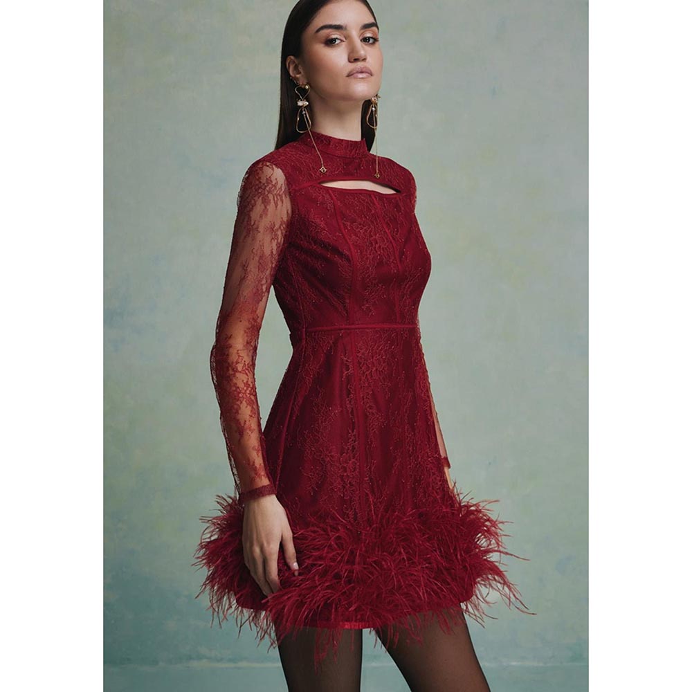 ZABELLA Red Luna Feather Lace Mini Dress