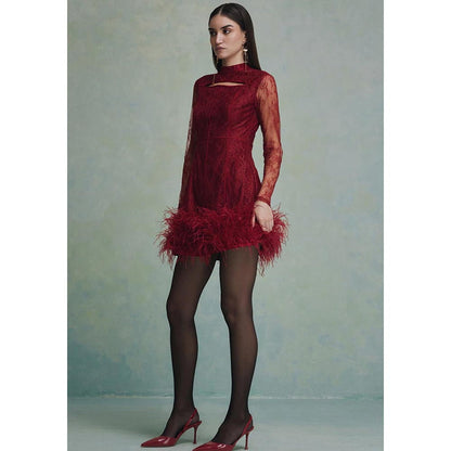 ZABELLA Red Luna Feather Lace Mini Dress