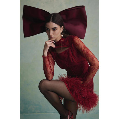 ZABELLA Red Luna Feather Lace Mini Dress