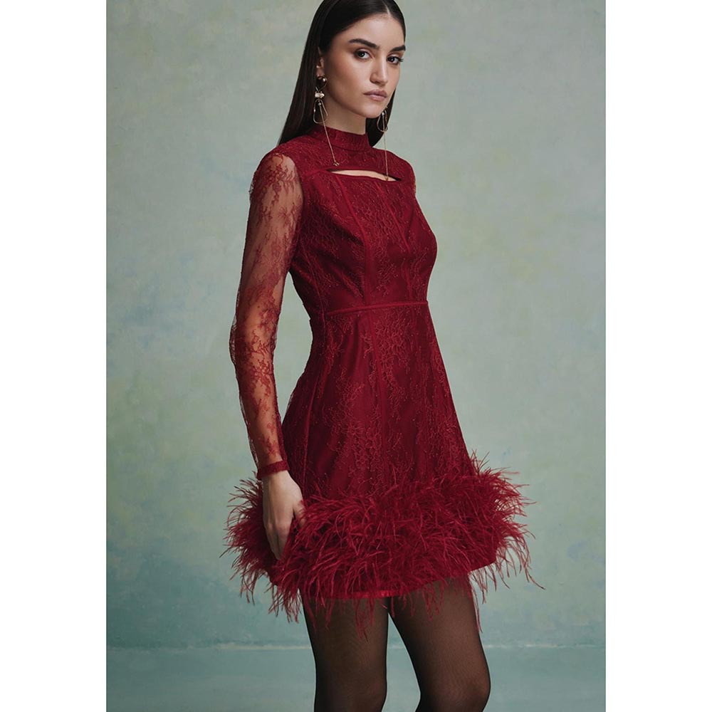 ZABELLA Red Luna Feather Lace Mini Dress