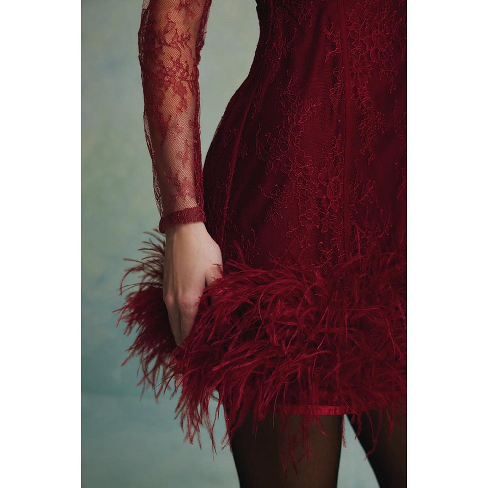 ZABELLA Red Luna Feather Lace Mini Dress