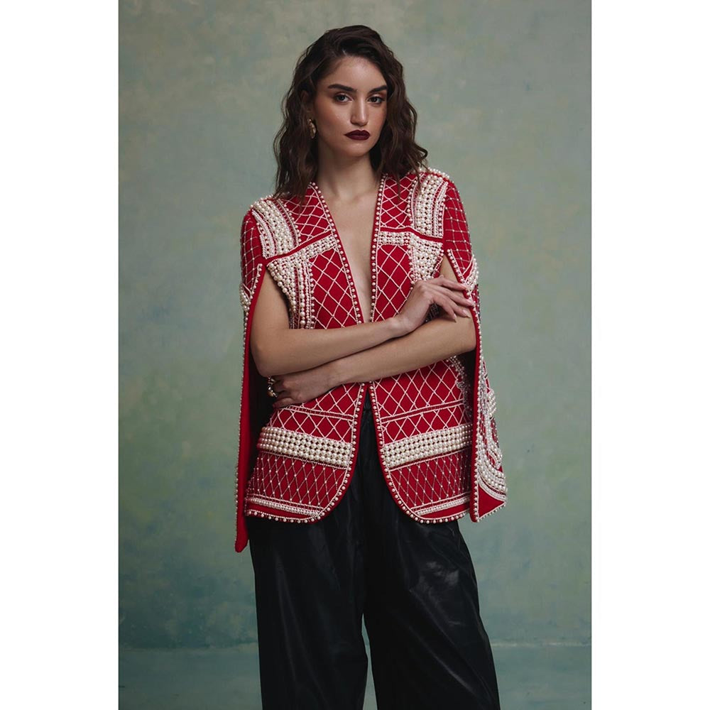 ZABELLA Rosette Red and White Pearl Cape Jacket