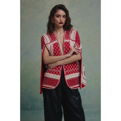 ZABELLA Rosette Red and White Pearl Cape Jacket