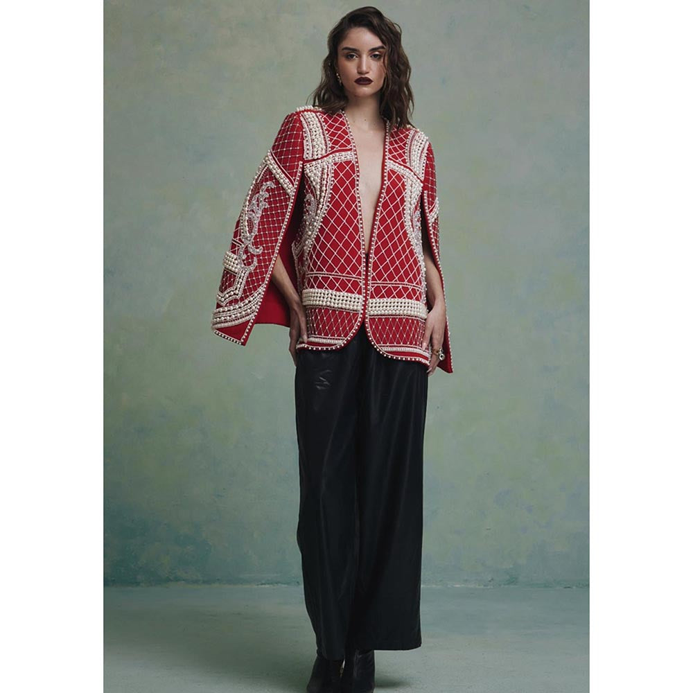 ZABELLA Rosette Red and White Pearl Cape Jacket
