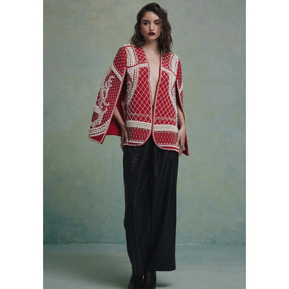 ZABELLA Rosette Red and White Pearl Cape Jacket