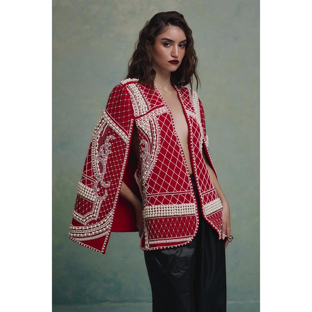 ZABELLA Rosette Red and White Pearl Cape Jacket