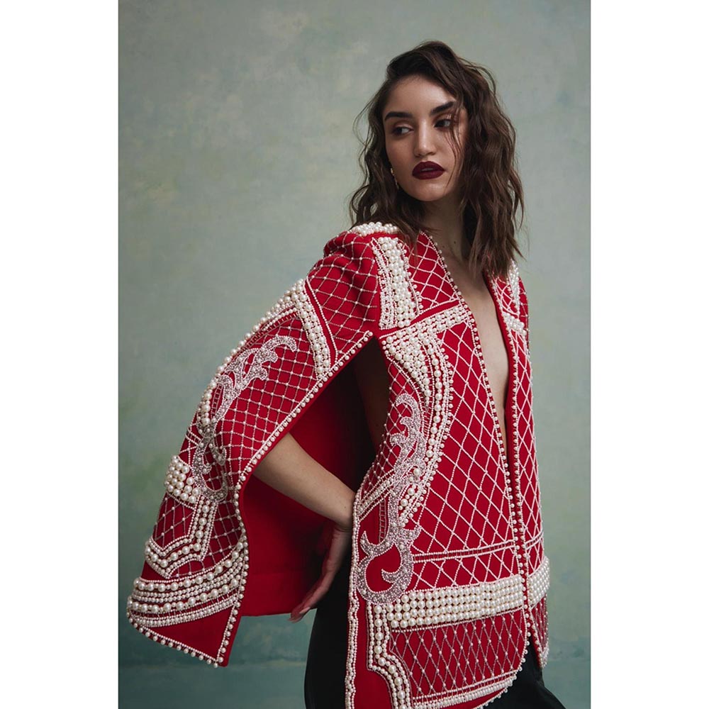ZABELLA Rosette Red and White Pearl Cape Jacket