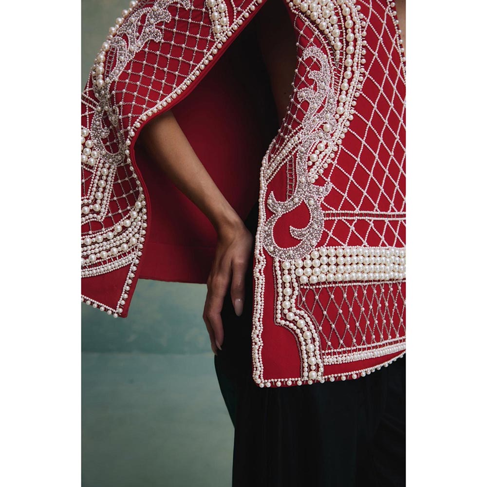 ZABELLA Rosette Red and White Pearl Cape Jacket