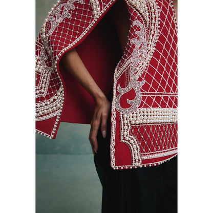ZABELLA Rosette Red and White Pearl Cape Jacket