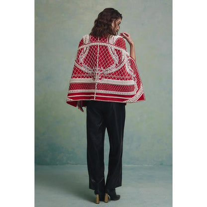 ZABELLA Rosette Red and White Pearl Cape Jacket