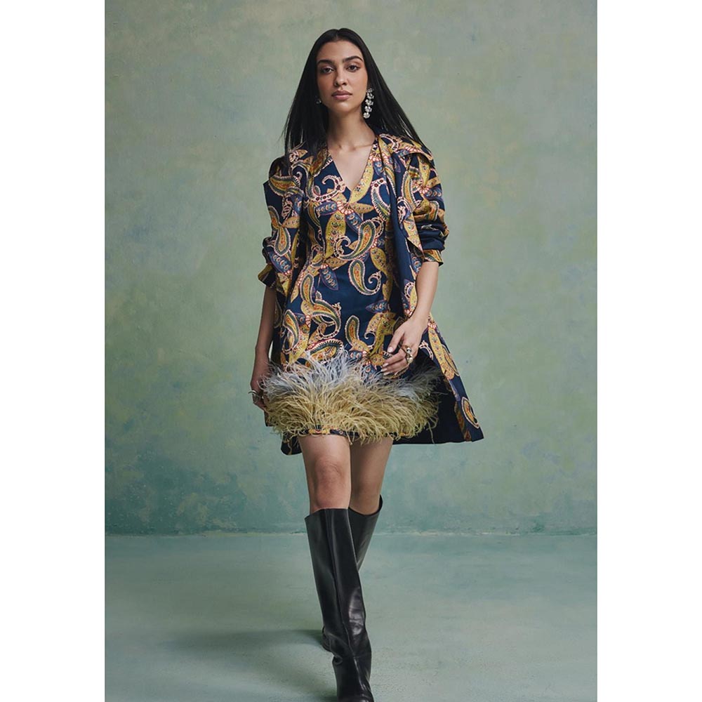 ZABELLA Blue Baroque Feather Mini Dress