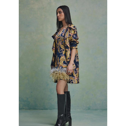 ZABELLA Blue Baroque Feather Mini Dress