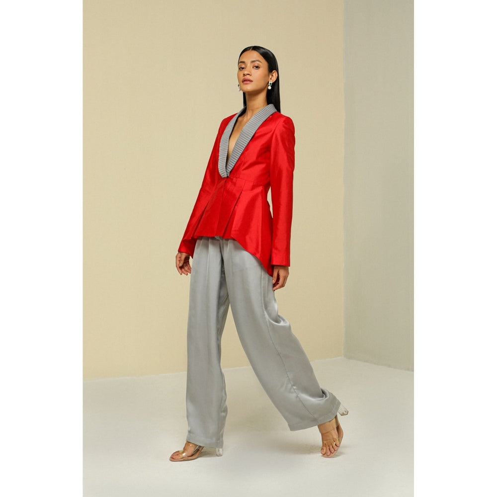Zaitra Red And Grey Peplum Jacket