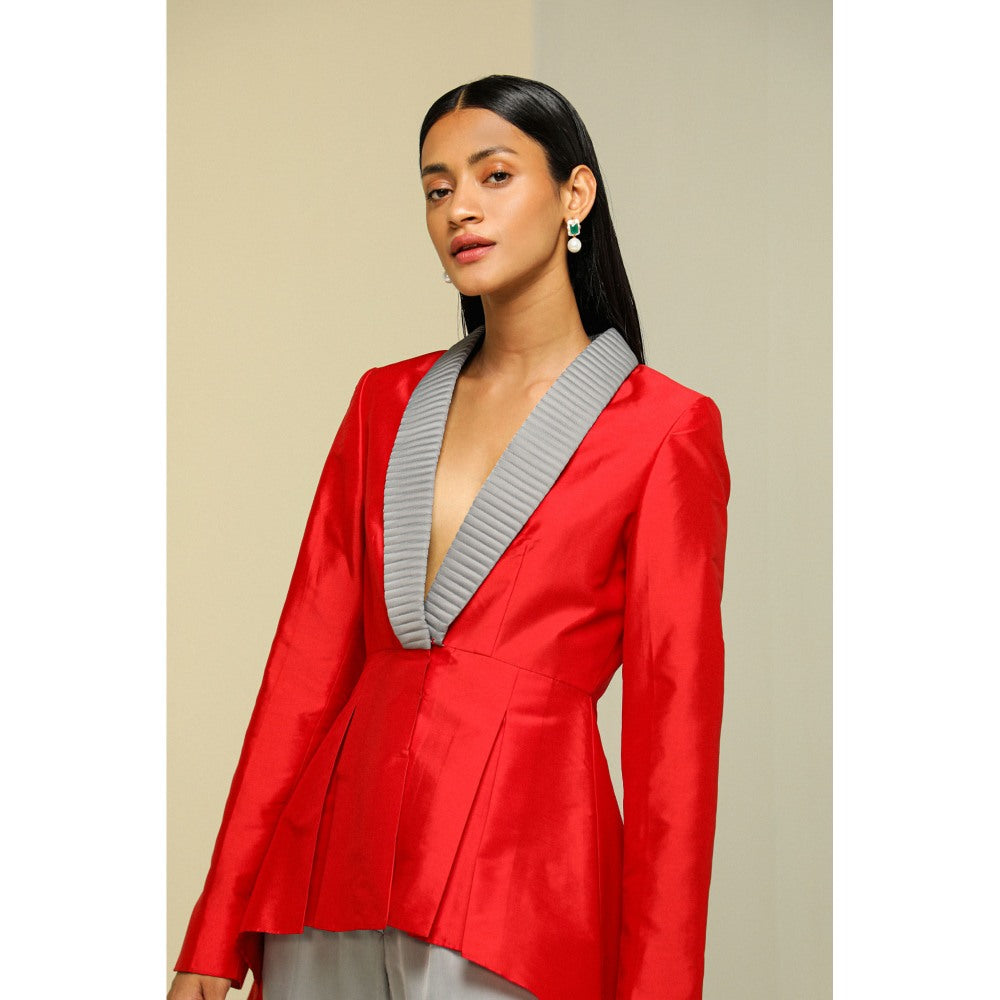 Zaitra Red And Grey Peplum Jacket