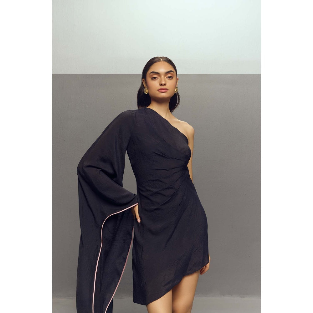 Zaitra Black Crepe Linen Butterfly Dress