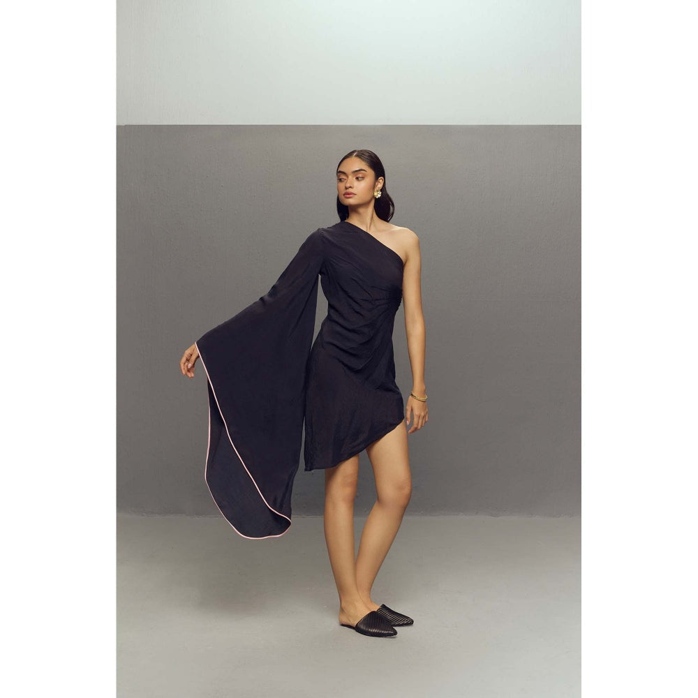 Zaitra Black Crepe Linen Butterfly Dress