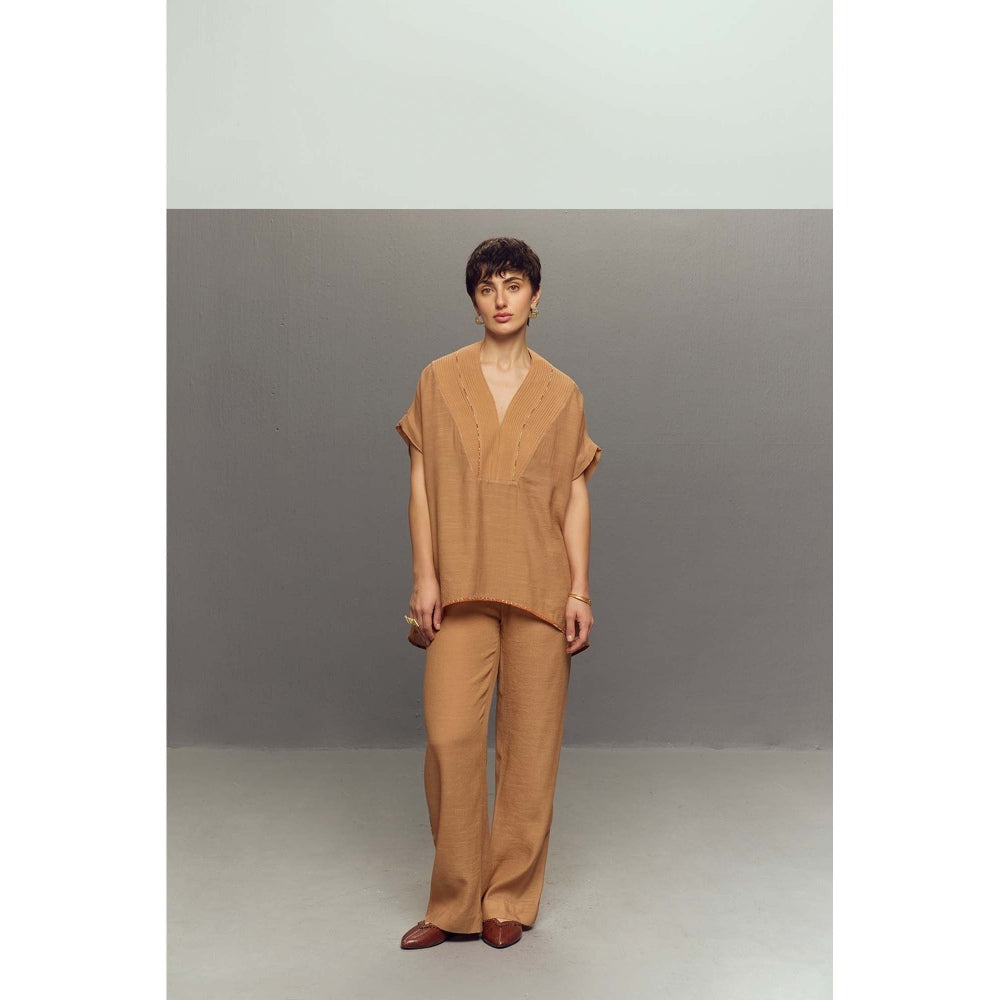 Zaitra Beige Crepe Linen Pants